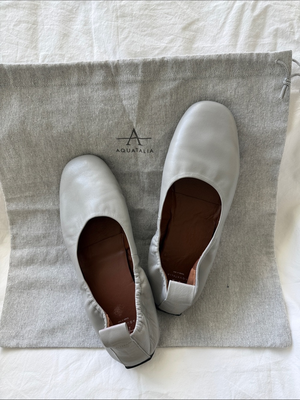 Aquatalia Light Grey Leather Slip-On Ballet Flats